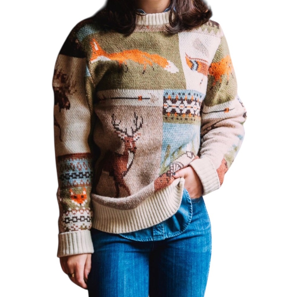 Kiel James Patrick NWT Cozy Cabin Into the Woods Sweater Unisex XS Fox Deer